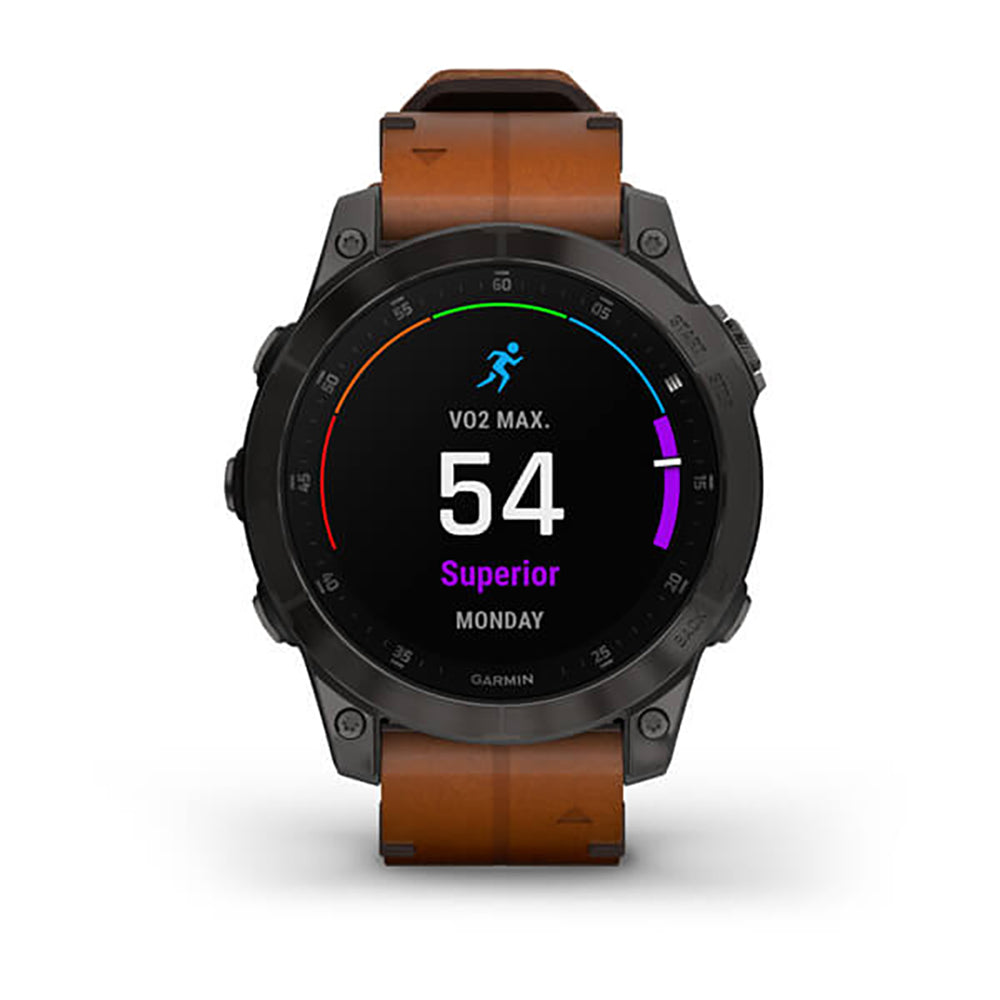 ساعة Garmin Epix Gen 2 باللون الأسود الكربوني الرمادي مع إطار من التيتانيوم المطلي بالكربون الشبيه بالألماس (DLC) وحزام جلدي وشاشة ملونة بالكامل