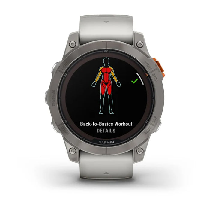 ساعة Garmin Fenix 7 Pro Sapphire Solar Edition من التيتانيوم باللون الرمادي الضبابي/البرتقالي الجمر بملء الشاشة