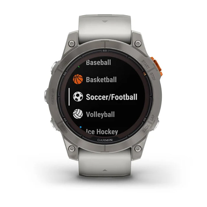 ساعة Garmin Fenix 7 Pro Sapphire Solar Edition من التيتانيوم باللون الرمادي الضبابي/البرتقالي الجمر بملء الشاشة