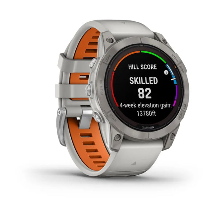 ساعة Garmin Fenix 7 Pro Sapphire Solar Edition من التيتانيوم باللون الرمادي الضبابي/البرتقالي الجمر بملء الشاشة