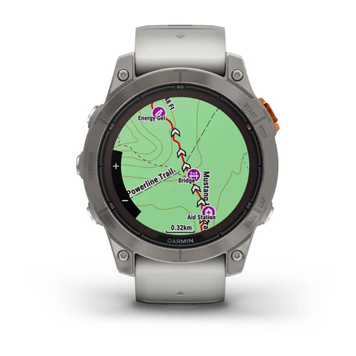ساعة Garmin Fenix 7 Pro Sapphire Solar Edition من التيتانيوم باللون الرمادي الضبابي/البرتقالي الجمر بملء الشاشة