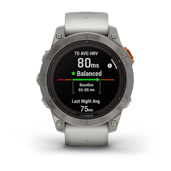 ساعة Garmin Fenix 7 Pro Sapphire Solar Edition من التيتانيوم باللون الرمادي الضبابي/البرتقالي الجمر بملء الشاشة