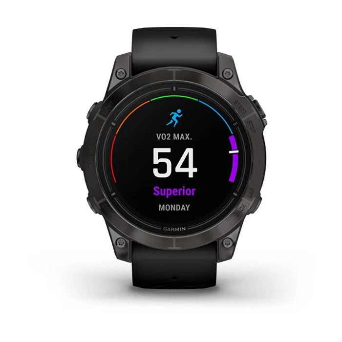 ساعة Garmin Epix Pro Gen 2 Sapphire Edition مقاس 47 مم بإطار تيتانيوم كربون رمادي DLC وحزام سيليكون أسود وشاشة كاملة