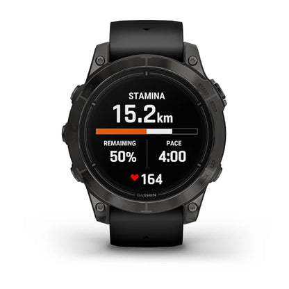 ساعة Garmin Epix Pro Gen 2 Sapphire Edition مقاس 47 مم بإطار تيتانيوم كربون رمادي DLC وحزام سيليكون أسود وشاشة كاملة