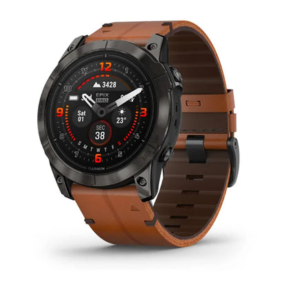 ساعة Garmin Epix Pro الجيل الثاني إصدار Sapphire مقاس 51 مم، هيكل تيتانيوم كربوني رمادي بطلاء DLC، مع سوار من جلد الكستناء وسوار سيليكون باللون الجرافيتي، شاشة كاملة