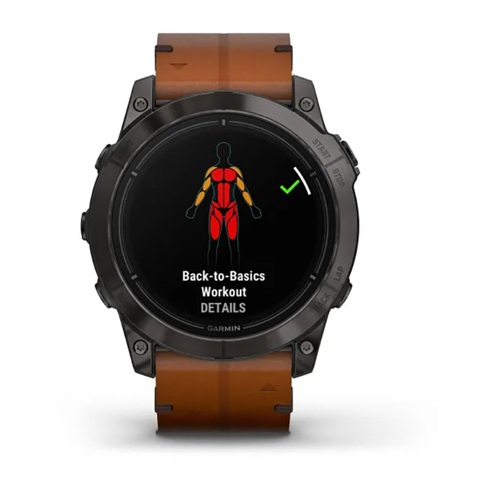 ساعة Garmin Epix Pro الجيل الثاني إصدار Sapphire مقاس 51 مم، هيكل تيتانيوم كربوني رمادي بطلاء DLC، مع سوار من جلد الكستناء وسوار سيليكون باللون الجرافيتي، شاشة كاملة