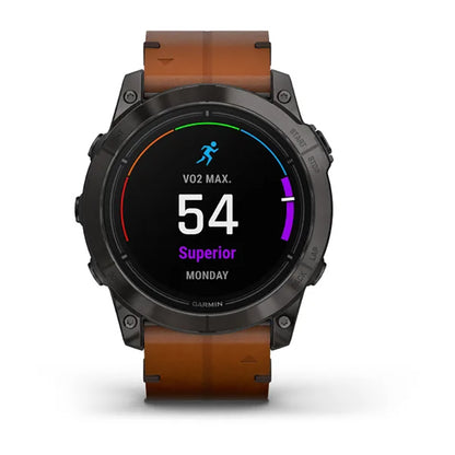 ساعة Garmin Epix Pro الجيل الثاني إصدار Sapphire مقاس 51 مم، هيكل تيتانيوم كربوني رمادي بطلاء DLC، مع سوار من جلد الكستناء وسوار سيليكون باللون الجرافيتي، شاشة كاملة