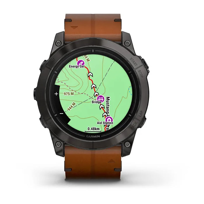 ساعة Garmin Epix Pro الجيل الثاني إصدار Sapphire مقاس 51 مم، هيكل تيتانيوم كربوني رمادي بطلاء DLC، مع سوار من جلد الكستناء وسوار سيليكون باللون الجرافيتي، شاشة كاملة