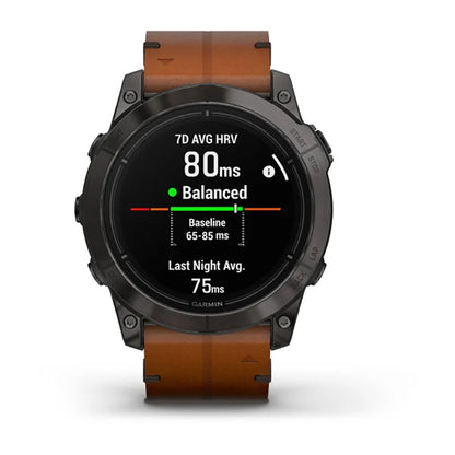 ساعة Garmin Epix Pro الجيل الثاني إصدار Sapphire مقاس 51 مم، هيكل تيتانيوم كربوني رمادي بطلاء DLC، مع سوار من جلد الكستناء وسوار سيليكون باللون الجرافيتي، شاشة كاملة