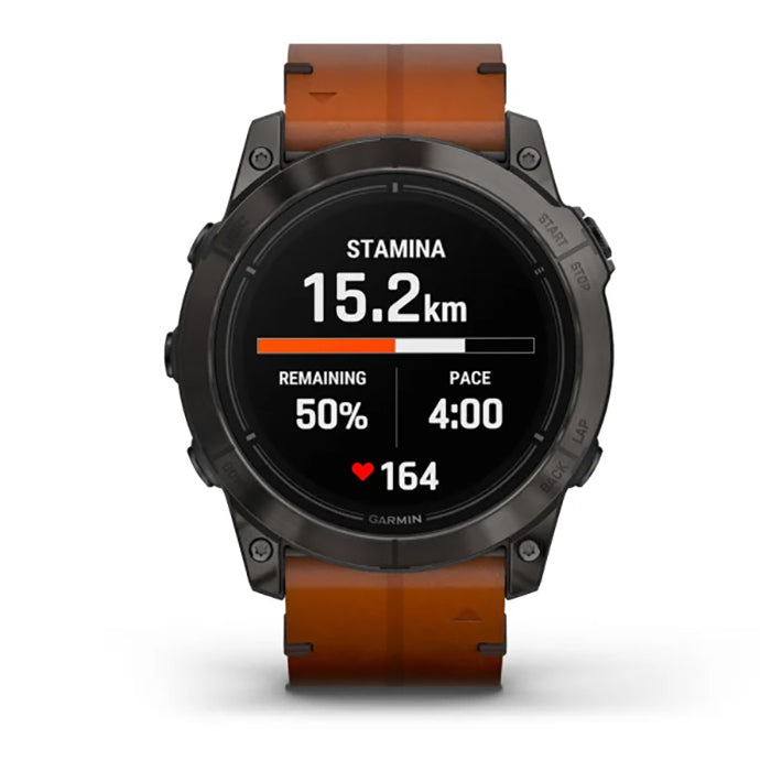 ساعة Garmin Epix Pro الجيل الثاني إصدار Sapphire مقاس 51 مم، هيكل تيتانيوم كربوني رمادي بطلاء DLC، مع سوار من جلد الكستناء وسوار سيليكون باللون الجرافيتي، شاشة كاملة
