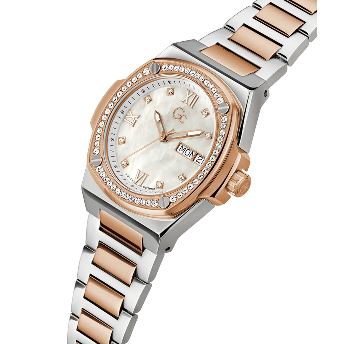 ساعة نسائية من جي سي، هيكل بلون فضي وذهبي وردي، تعمل بحركة الكوارتز
