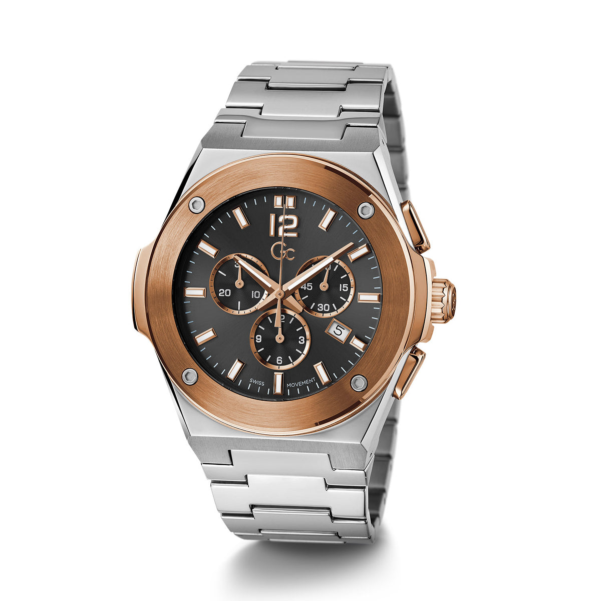 Gc Men's Watch Silver & Rose Gold Tone Case Quartz