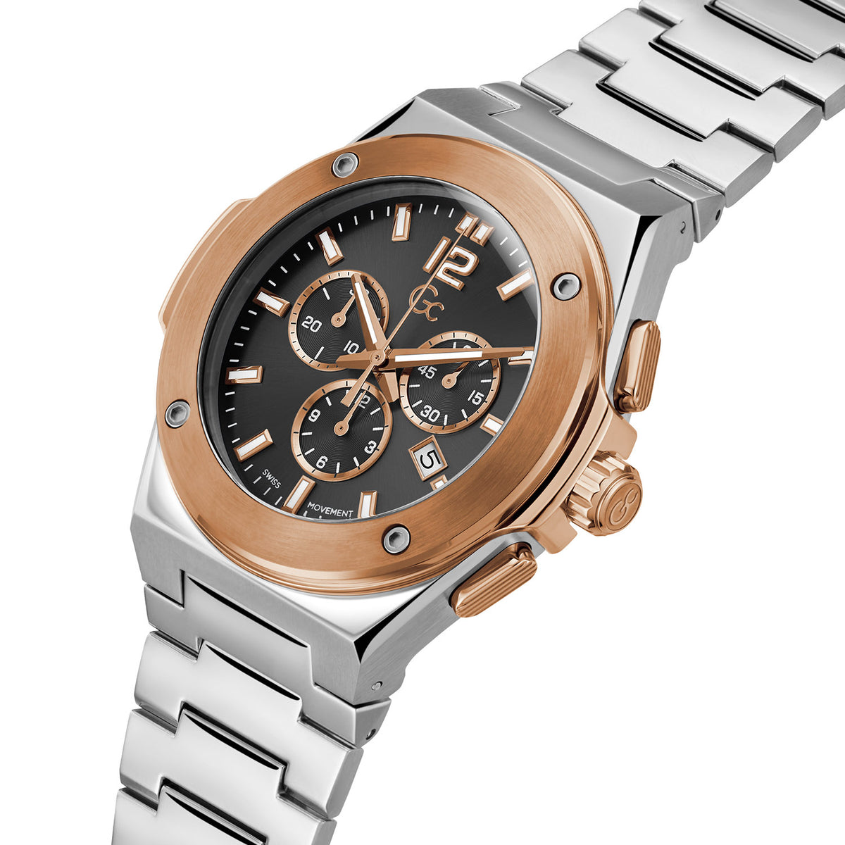 Gc Men's Watch Silver & Rose Gold Tone Case Quartz