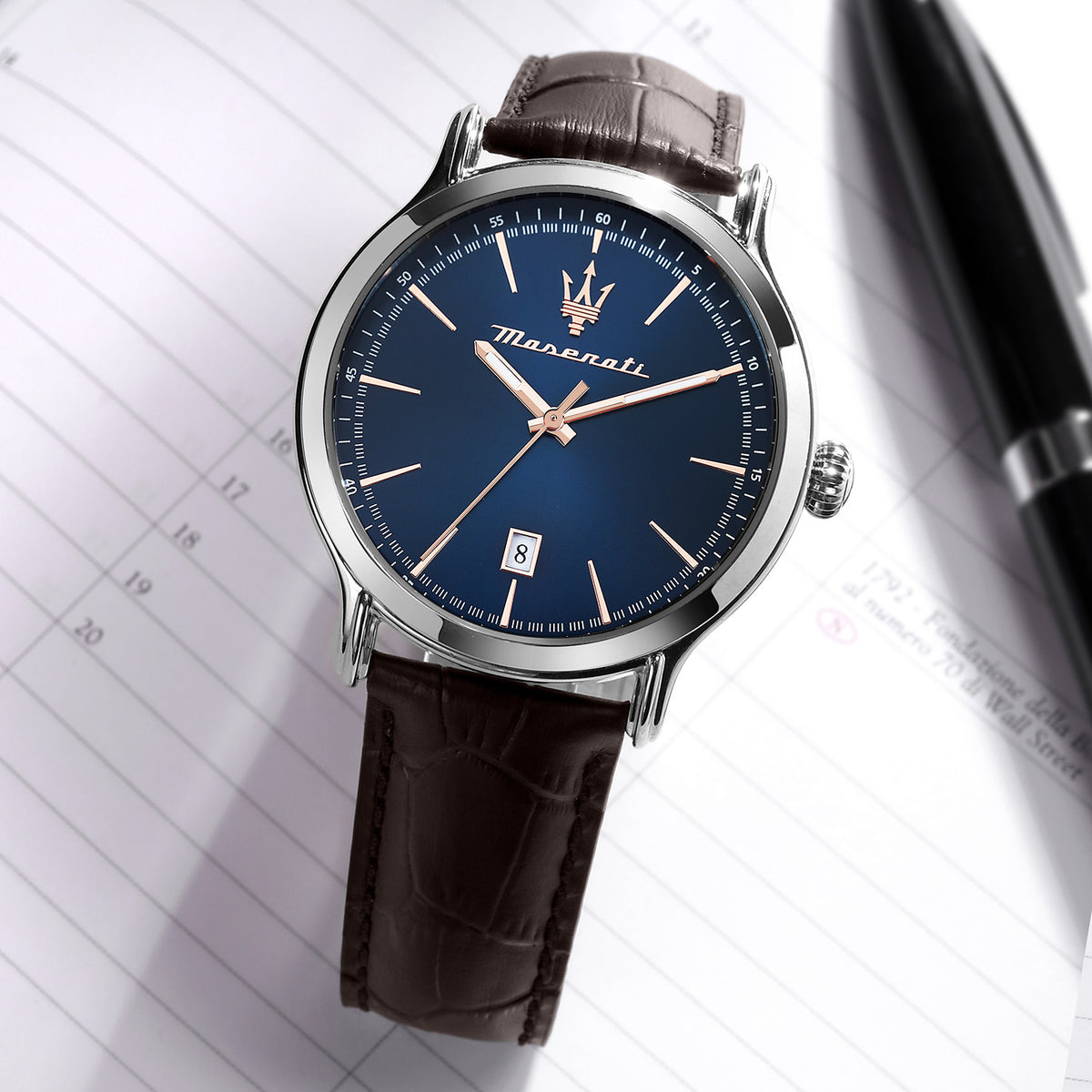 Maserati Epoca 42MM 3H Blue Dial Brown Strap