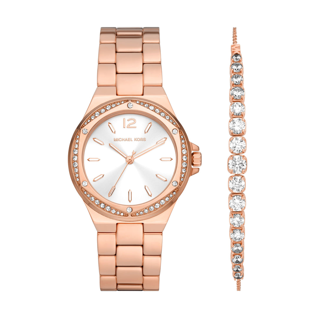 Michael Kors Lennox Three-Hand Rose Gold-Tone Stainless Steel Women's Watch and Sterling Bracelet Set - MK1053SET