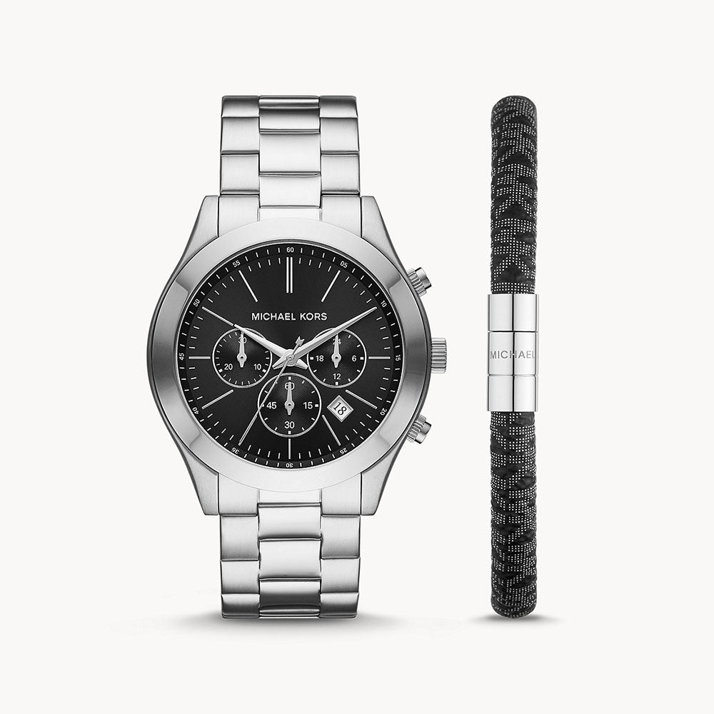 Michael Kors Slim Runway Chronograph Stainless Steel Men's Watch And PVC Bracelet Set - MK1056SET