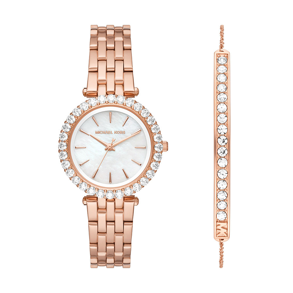 Michael Kors Darci Three Hand Rose Gold Tone Stainless Steel Women's Watch And Steel Bracelet Set