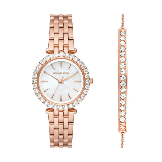Michael Kors Darci Three Hand Rose Gold Tone Stainless Steel Women's Watch And Steel Bracelet Set