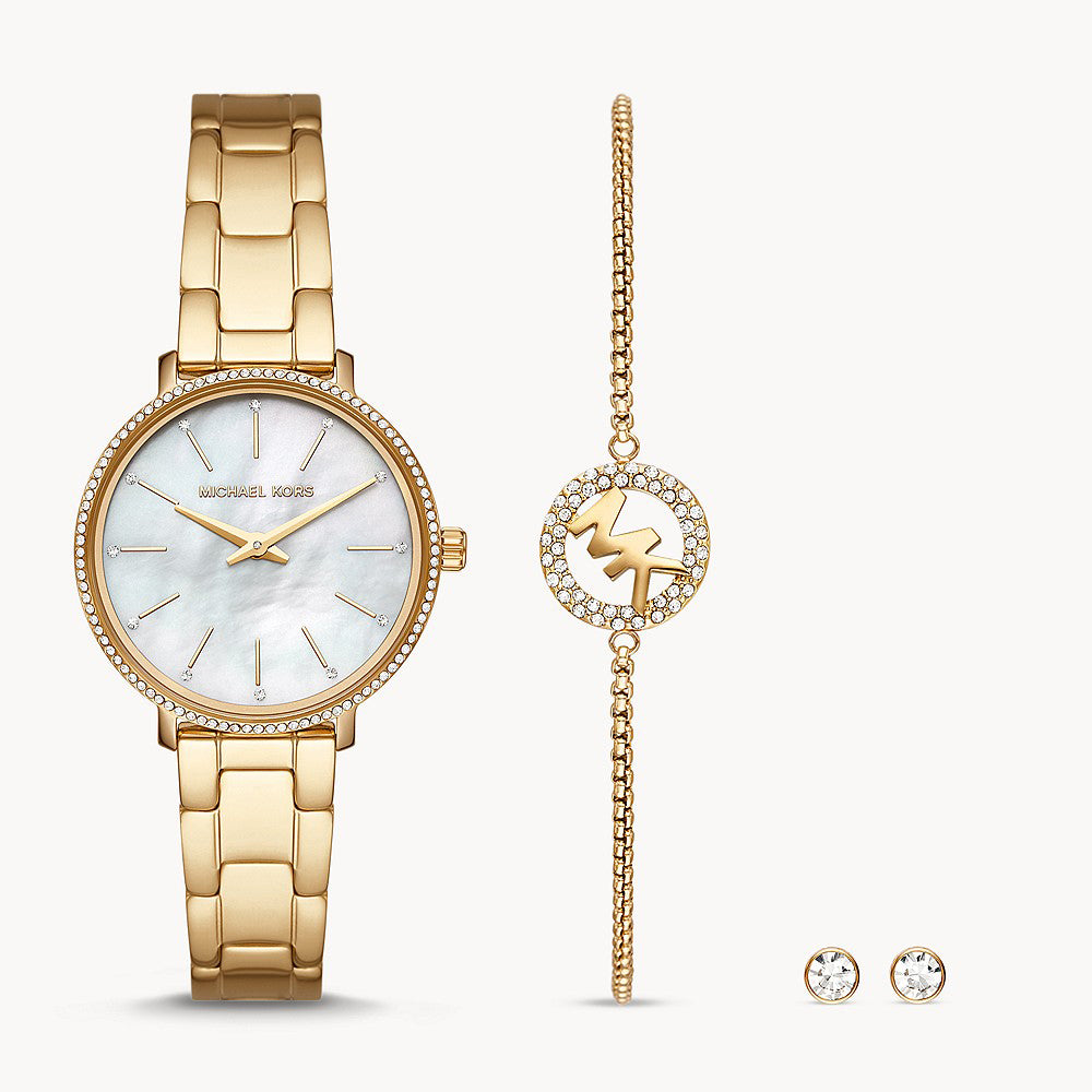 Michael Kors Pyper Two-Hand Gold-Tone Stainless Steel Women's Watch and Earrings and Necklace Set
