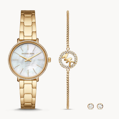 Michael Kors Pyper Two-Hand Gold-Tone Stainless Steel Women's Watch and Earrings and Necklace Set - MK1065SET