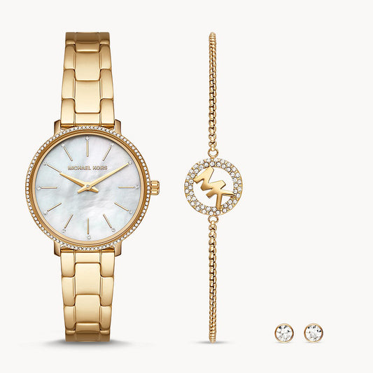 Michael Kors Pyper Two-Hand Gold-Tone Stainless Steel Women's Watch and Earrings and Necklace Set