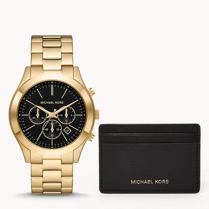 Michael Kors Slim Runway Chronograph Gold-Tone Stainless Steel Men's Watch And Slim Card Case Set