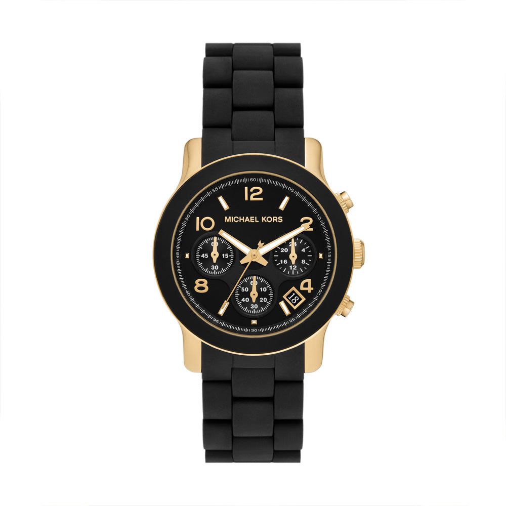 Michael Kors Runway Women's Chronograph Gold-Tone Stainless Steel and Black Silicone Watch - MK7385