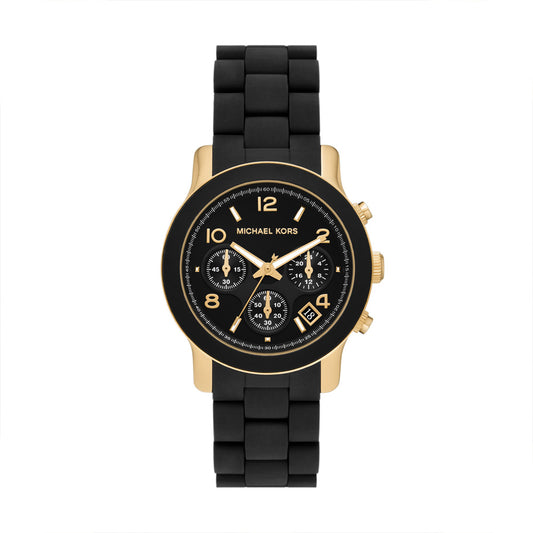 Michael Kors Runway Women's Chronograph Gold-Tone Stainless Steel and Black Silicone Watch