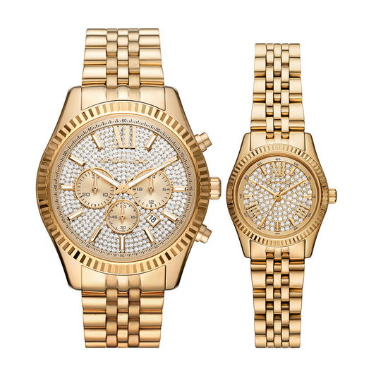 Michael Kors Lexington Chronograph His and Hers Gold-Tone Stainless Steel Watch Gift Set Watch