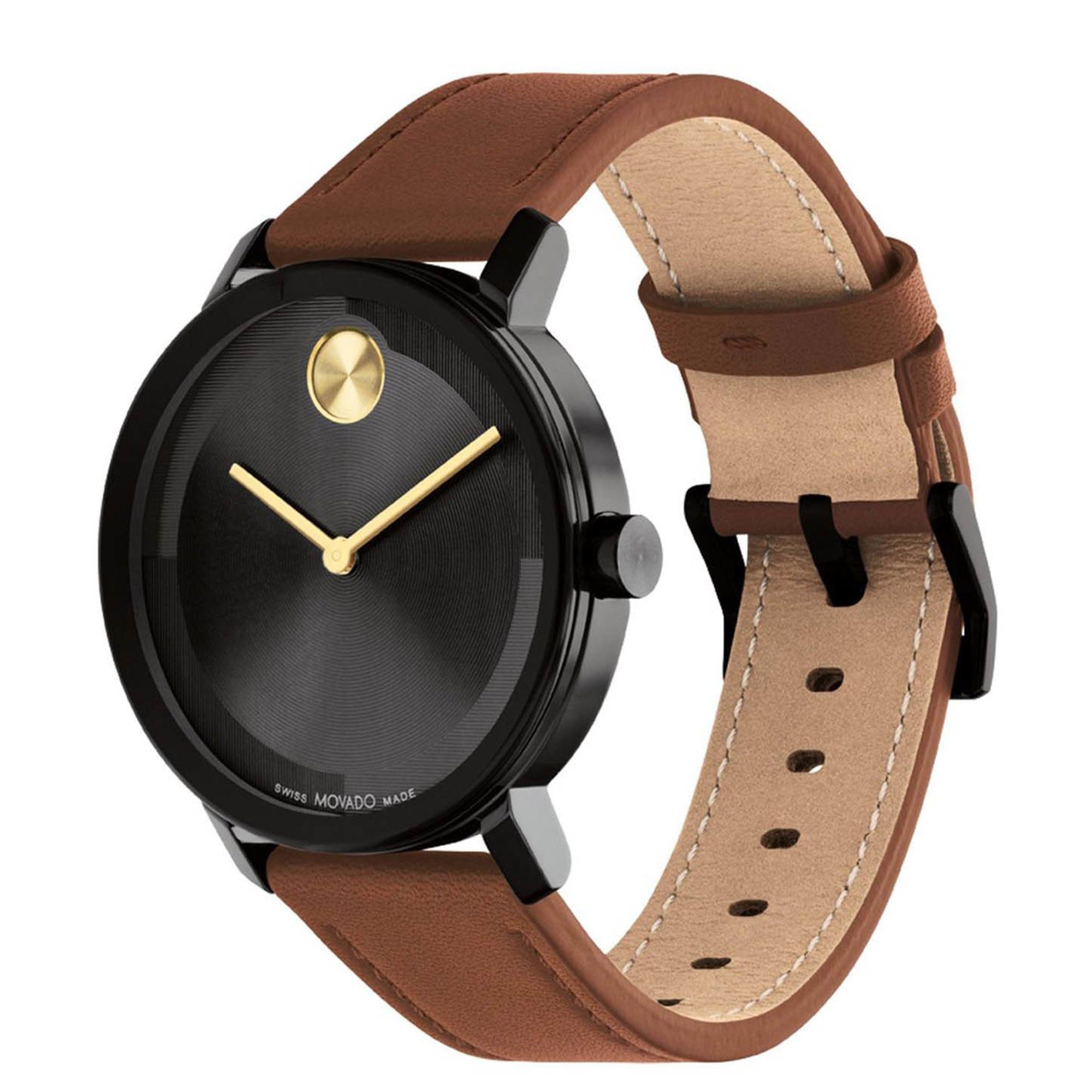 Movado men's outlet black leather watch