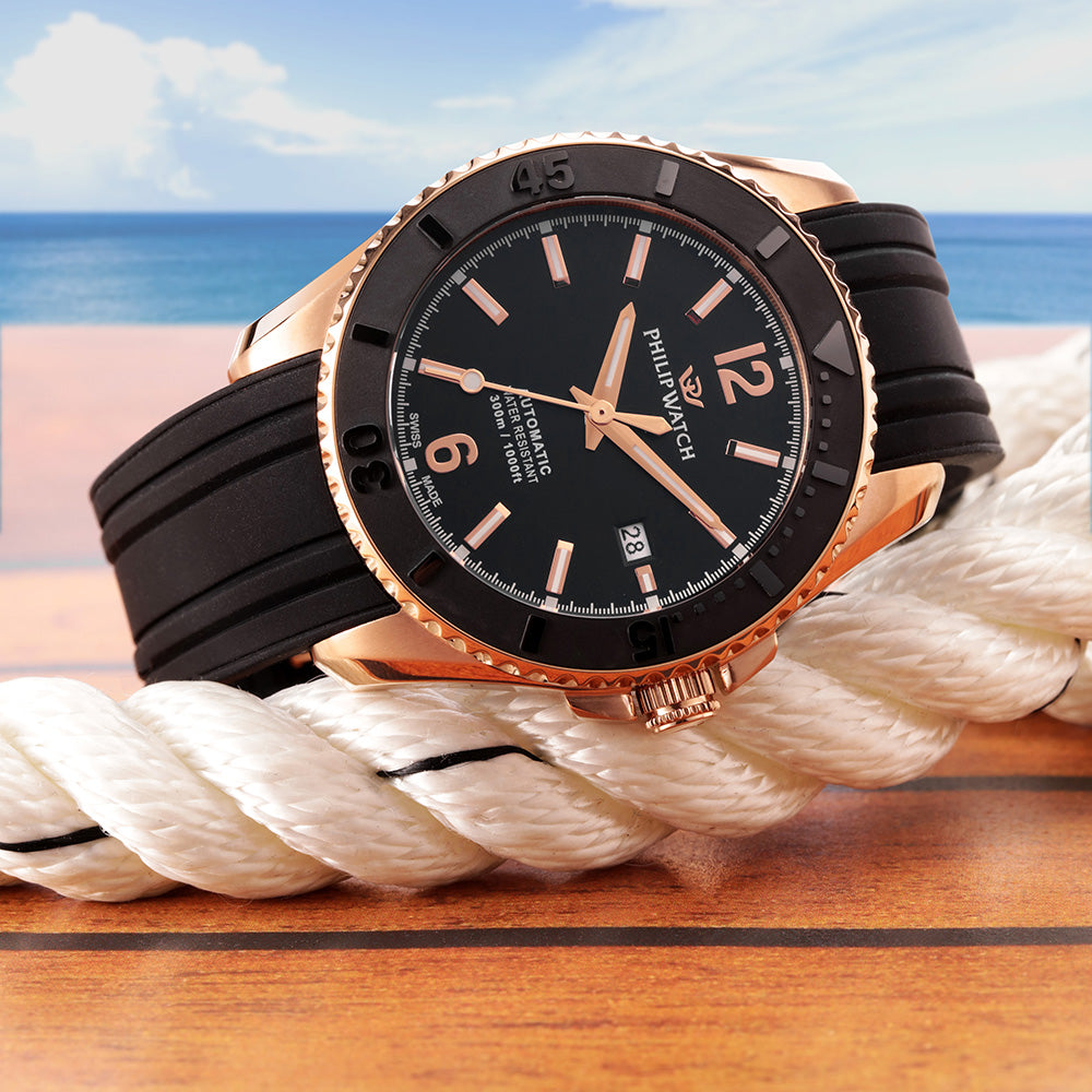 Philip Watch Amalfi 43MM Auto Black Dial BLK Silic ST