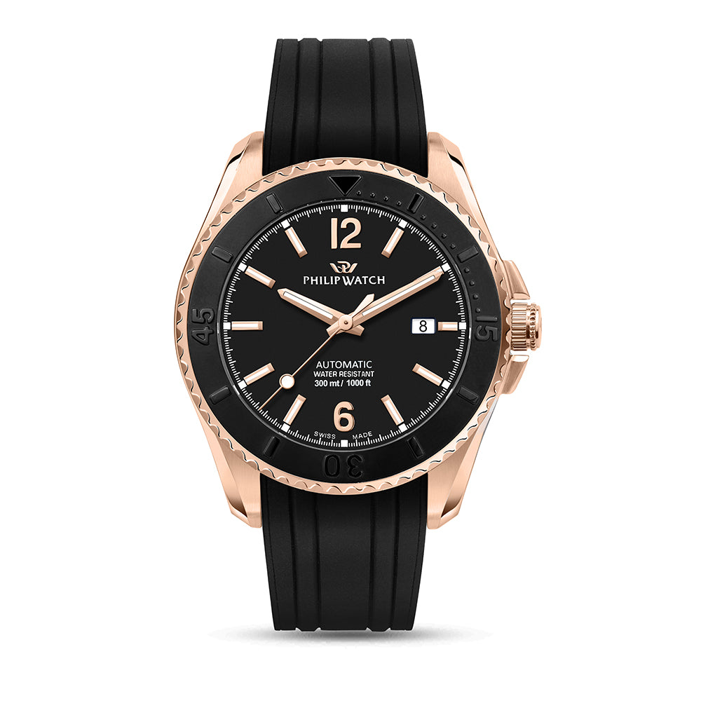 Philip Watch Amalfi 43MM Auto Black Dial BLK Silic ST - R8221218002