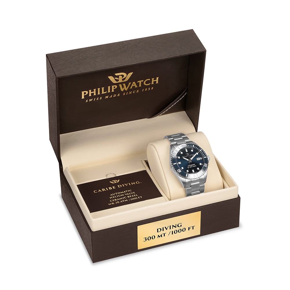 Philip Watch Caribe 42MM Auto 3H Blue Dial BR SS - R8223216011