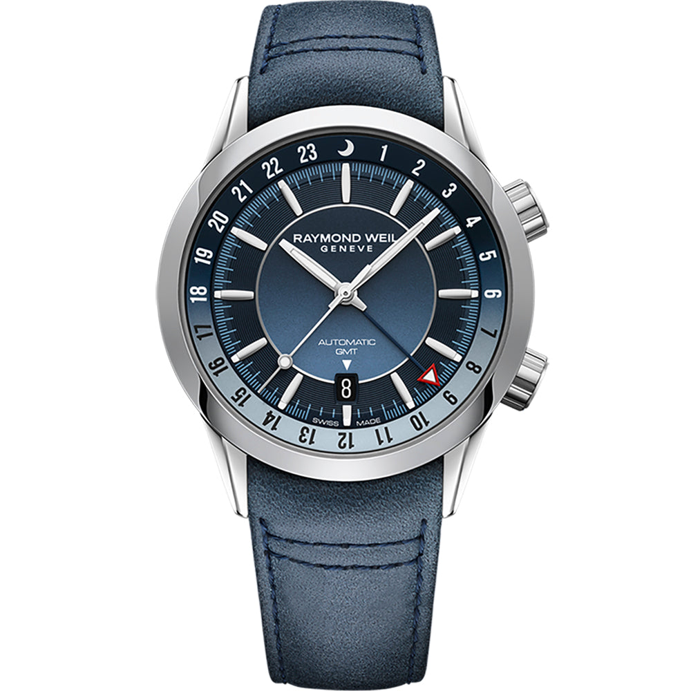 Raymond Weil Men's Freelancer GMT Worldtimer Leather Strap Blue Gradient Dial Watch