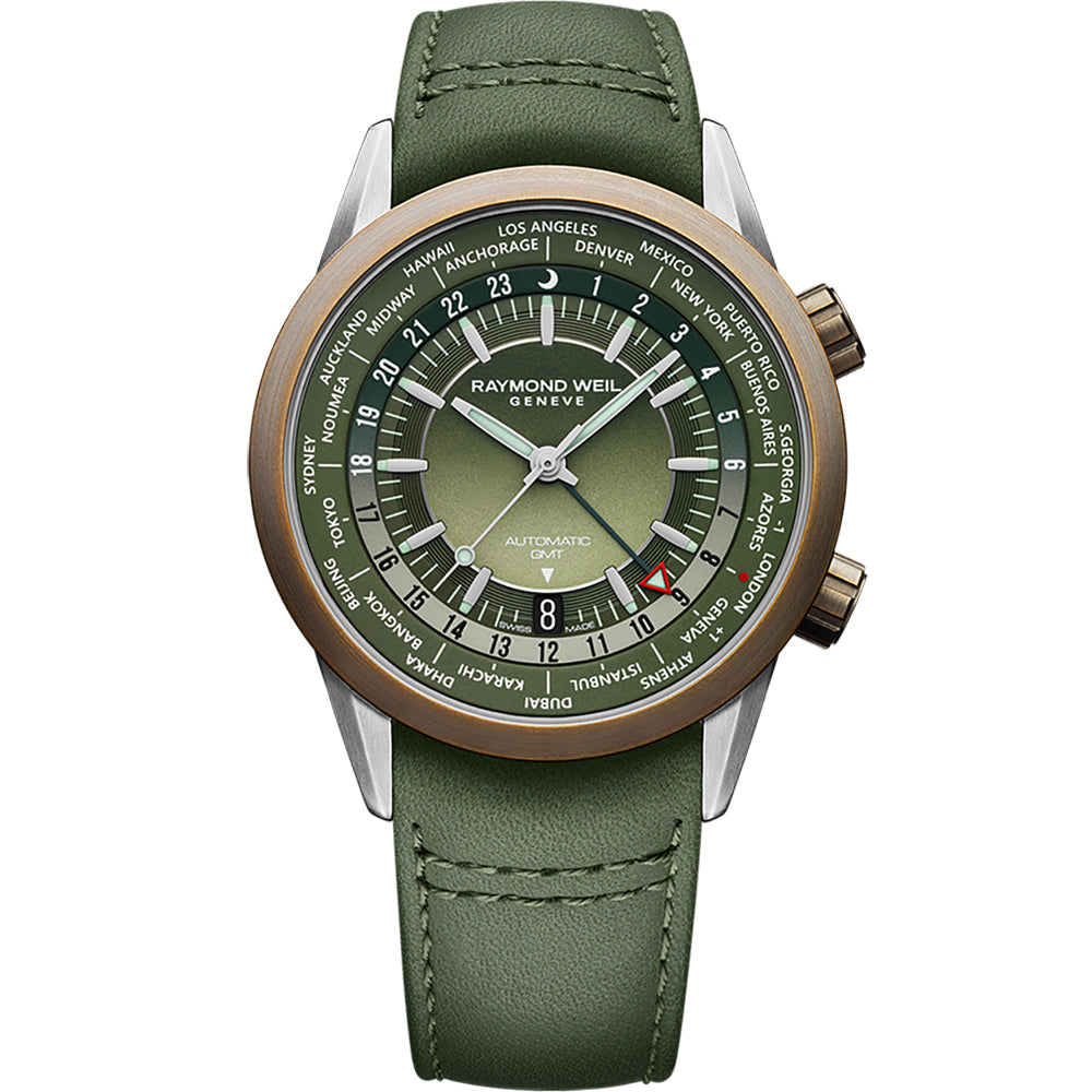 Raymond Weil Men's Freelancer GMT Worldtimer Leather Strap Green Gradient Dial Watch