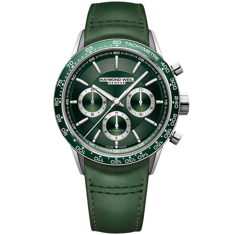 Raymond Weil Men's Freelancer Automatic Chronograph Leather Strap Green Dial Watch