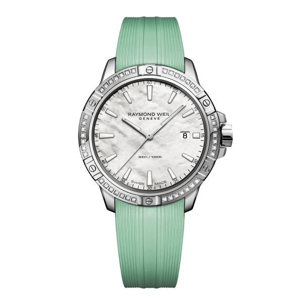 Raymond Weil Women's Tango Quartz Green Rubber Strap Mother of Pearl Dial Watch