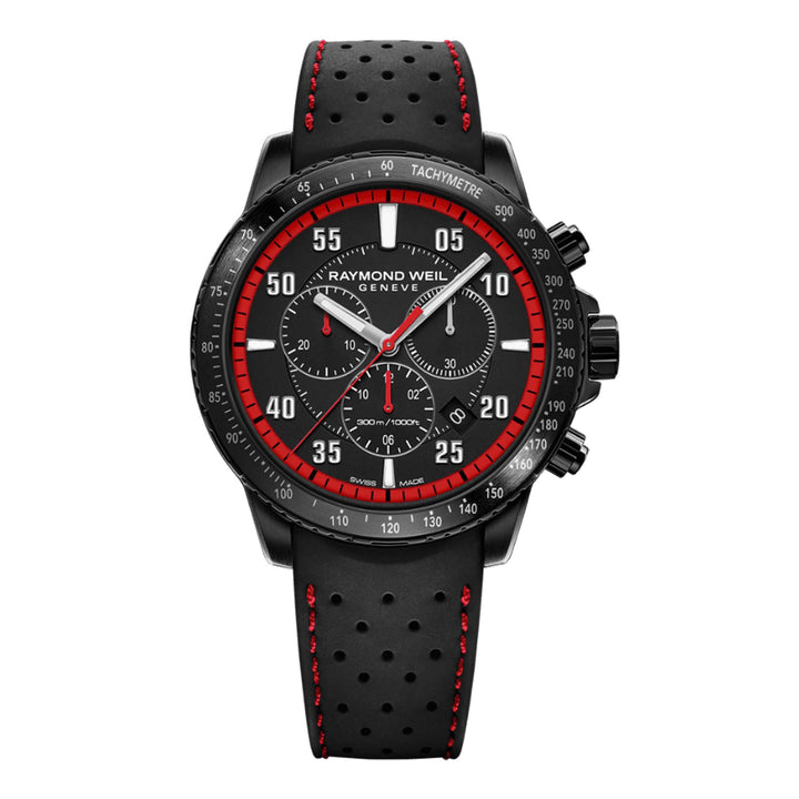 Raymond Weil Men's Tango 300 Quartz Steel Black Rubber Strap Black Red Dial Chronograph Watch