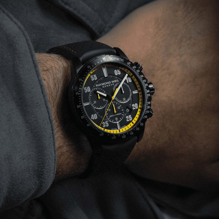 Raymond Weil Men's Tango 300 Quartz Steel Black Rubber Strap Black Yellow Dial Chronograph Watch