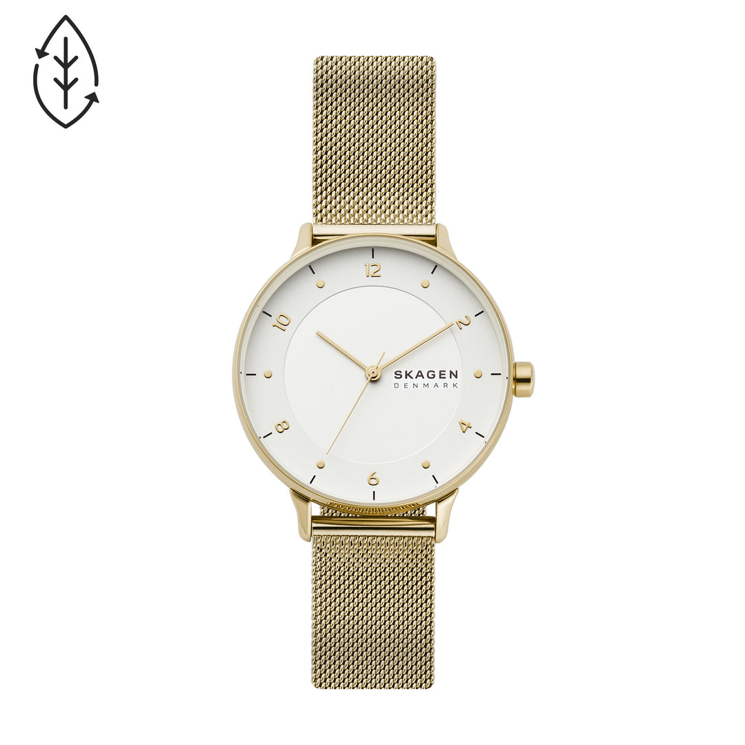 SKAGEN RIIS THREE-HAND GOLD-TONE STEEL MESH WATCH