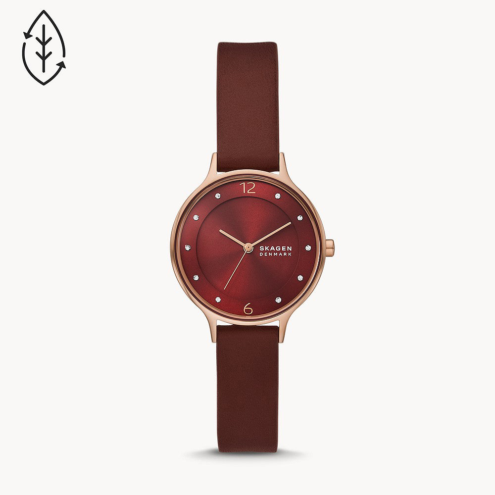 SKAGEN ANITA LILLE THREE-HAND CHERRY WOOD LEATHER WATCH