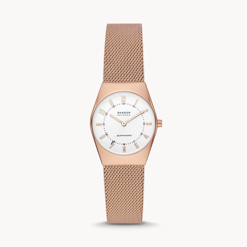 SKAGEN  GRENEN LILLE SOLAR POWERED ROSE GOLD STAINLESS STEEL MESH WOMENS WATCH